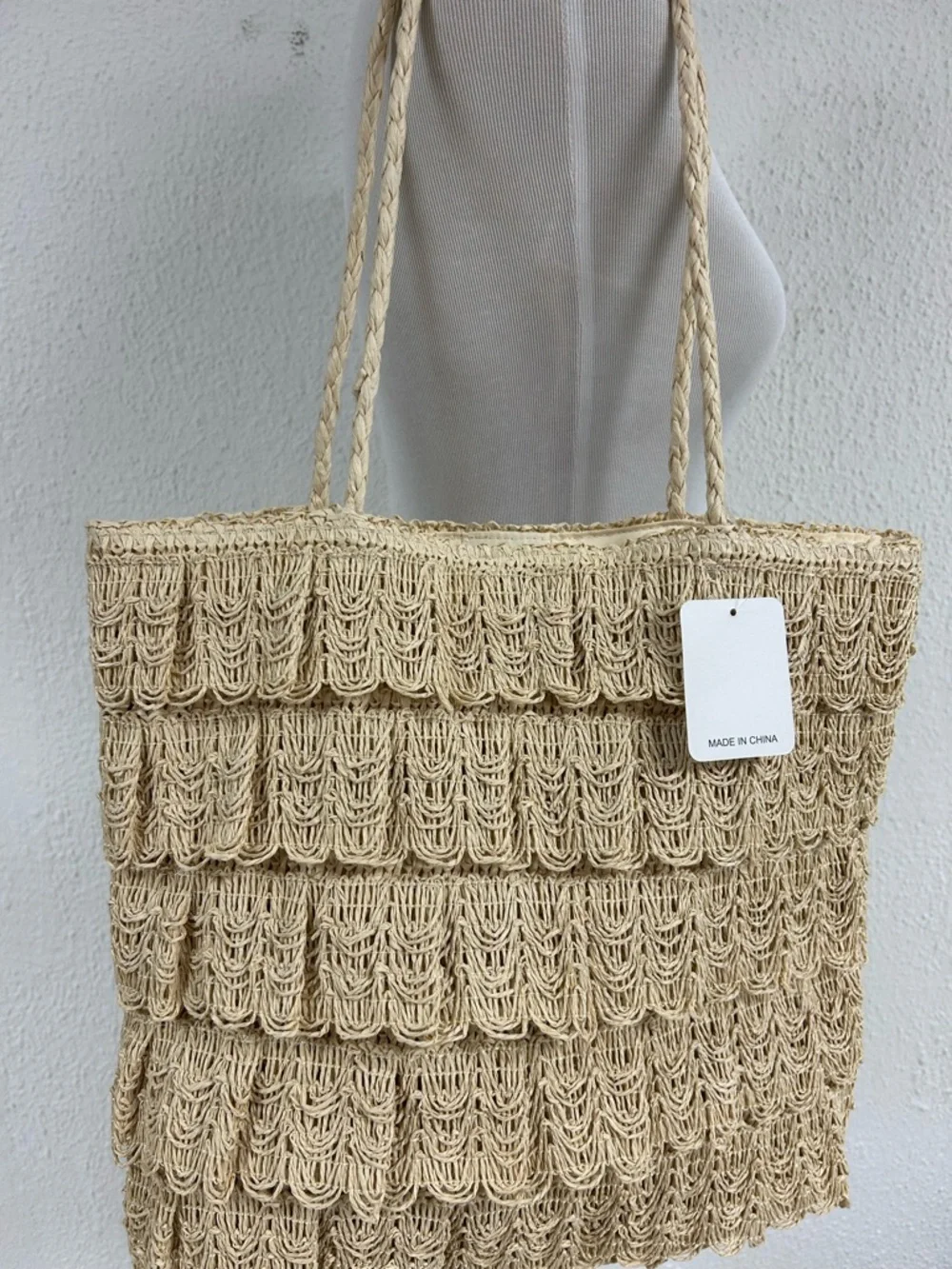 NEW Studio Collection Rattan Straw Tote Bag Purse Tiered Fringe Detail 15x14 - Picture 2 of 6